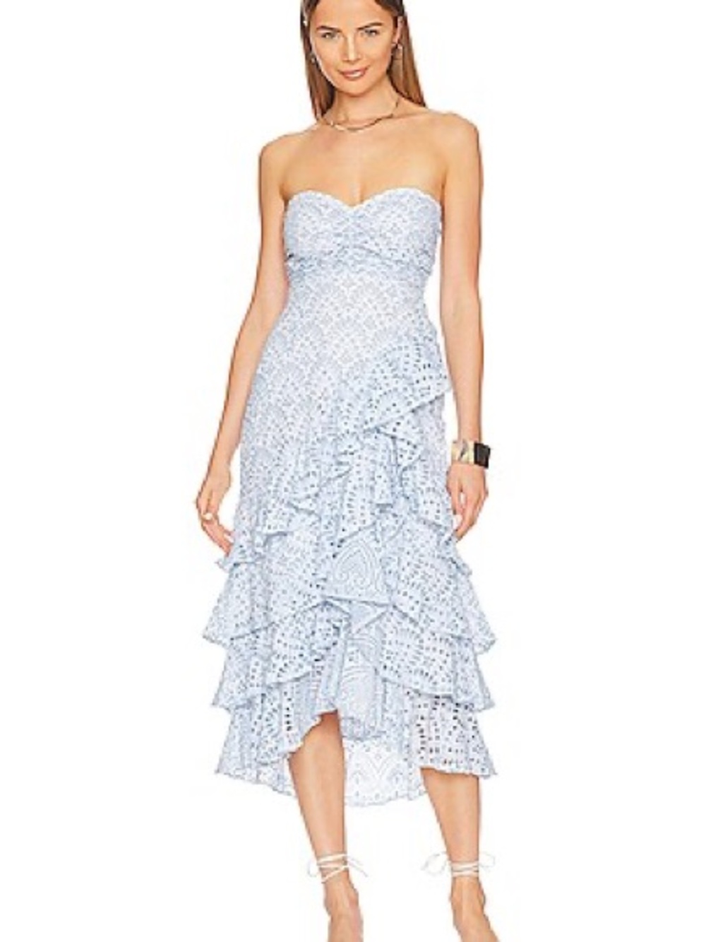 Strapless Light Blue Eyelet Ruffle Midi Dress